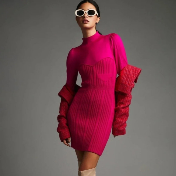 NWT Anthropologie Pink Turtleneck Sweater Dress Small - Picture 1 of 5
